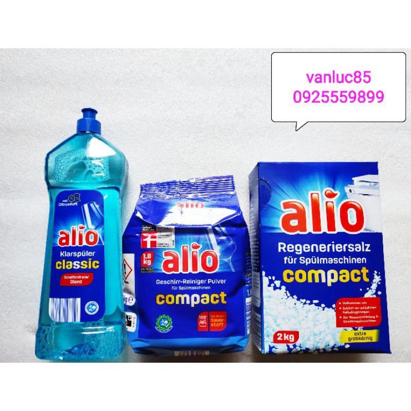 Combo bột rửa bát Alio 1,8kg, bóng Alio 1000ml, muối Alio 2kg