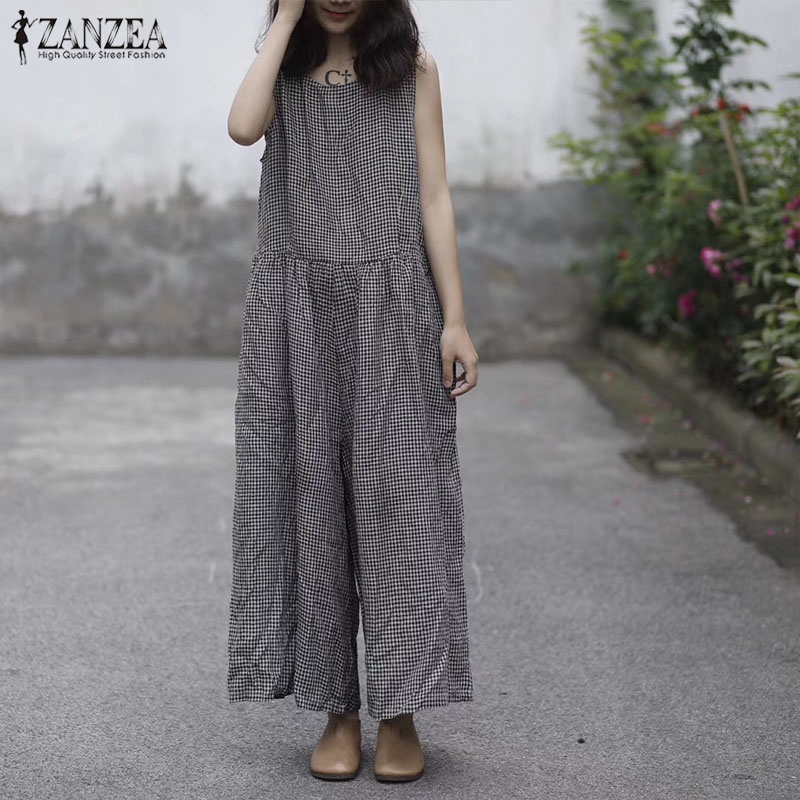 ZANZEA Jumpsuit Ống Rộng Không Tay Họa Tiết Ca Rô Thời Trang Dành Cho Nữ