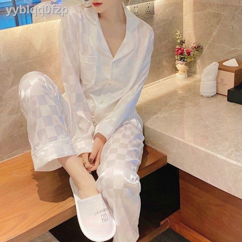 Băng lụa đồ ngủ của phụ nữ mùa hè hai mảnh dài tay xuân và thu thực sự mỏng phần gợi cảm phục vụ tại nhà phù