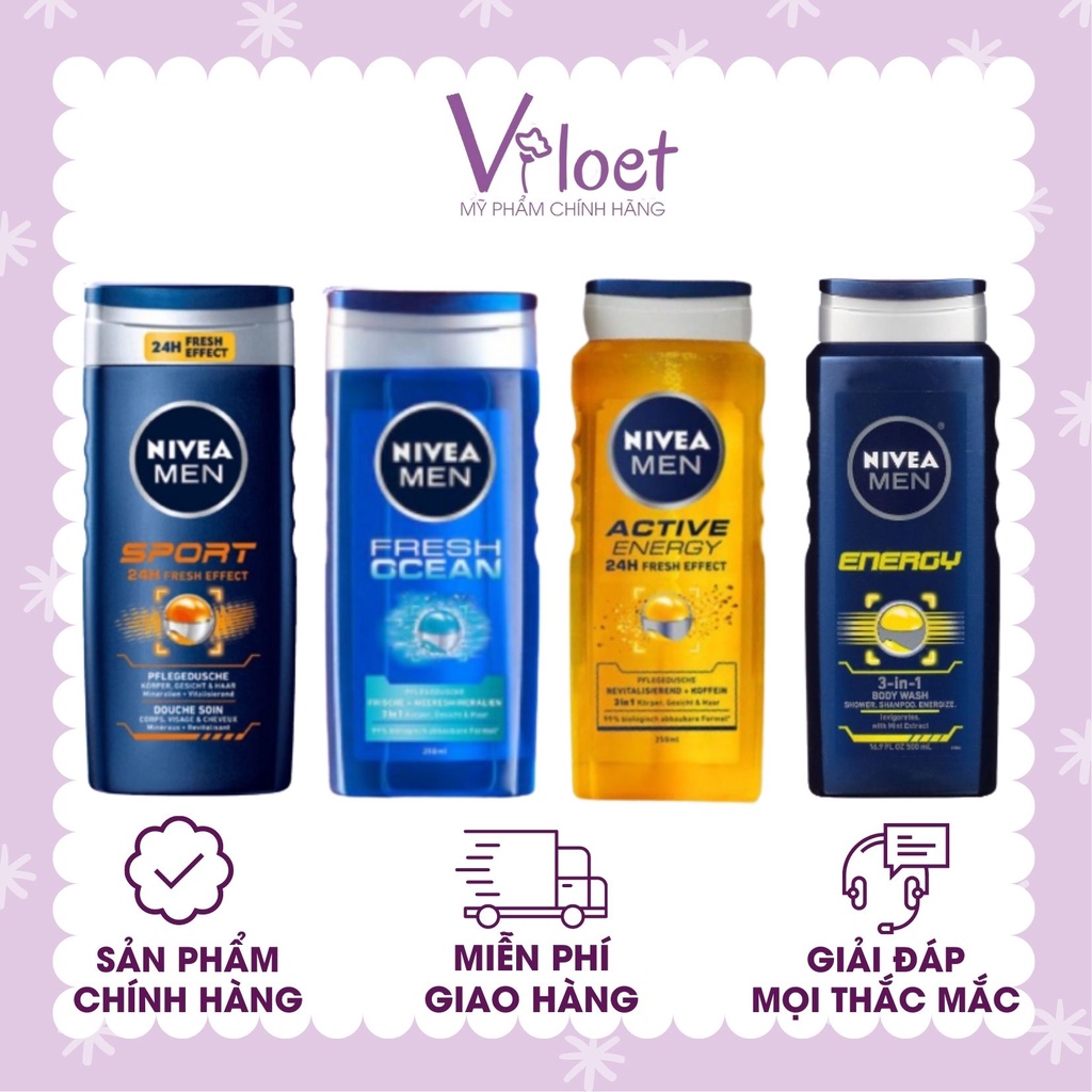 Sữa tắm nam 3 trong 1 hương thơm Nivea for men nhiều màu hàng Đức 250ml - Shop Viloet