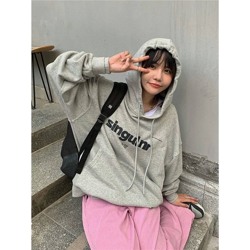 Áo hoodie dáng rộng họa tiết chữ thời trang Hàn Quốc