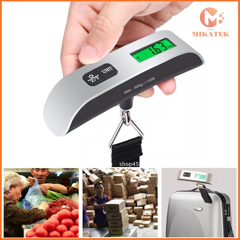 Cân điện tử hành lý nhà bếp cầm tay bỏ túi 50kg mini đa năng có nhiệt kế đo nhiệt độ Electronic luggage scale Mikatek