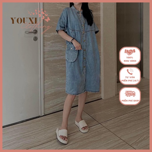 Váy jean dáng suông, đầm cổ trụ kèm túi xinh đai lưng thời trang hotrend - Youxiclothing