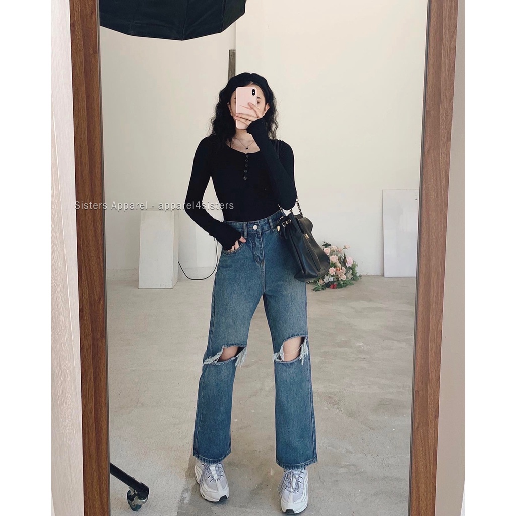 JEANS XANH ĐẬM RÁCH 2 GỐI-QJ075