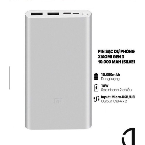 Sạc Dự Phòng Xiaomi Gen 3, Pin Dự Phòng - Dung lượng 10.000mah, 2 Cổng Sạc USB, 1 Cổng Typ C - Bảo Hành 12 Tháng