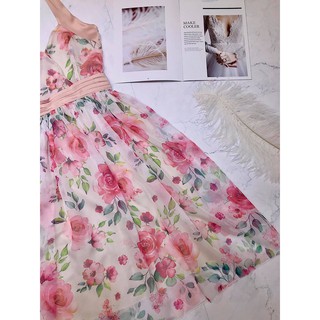 VÁY YẾM HOA CHÉO NGỰC PHỐI LỤA XOÈ