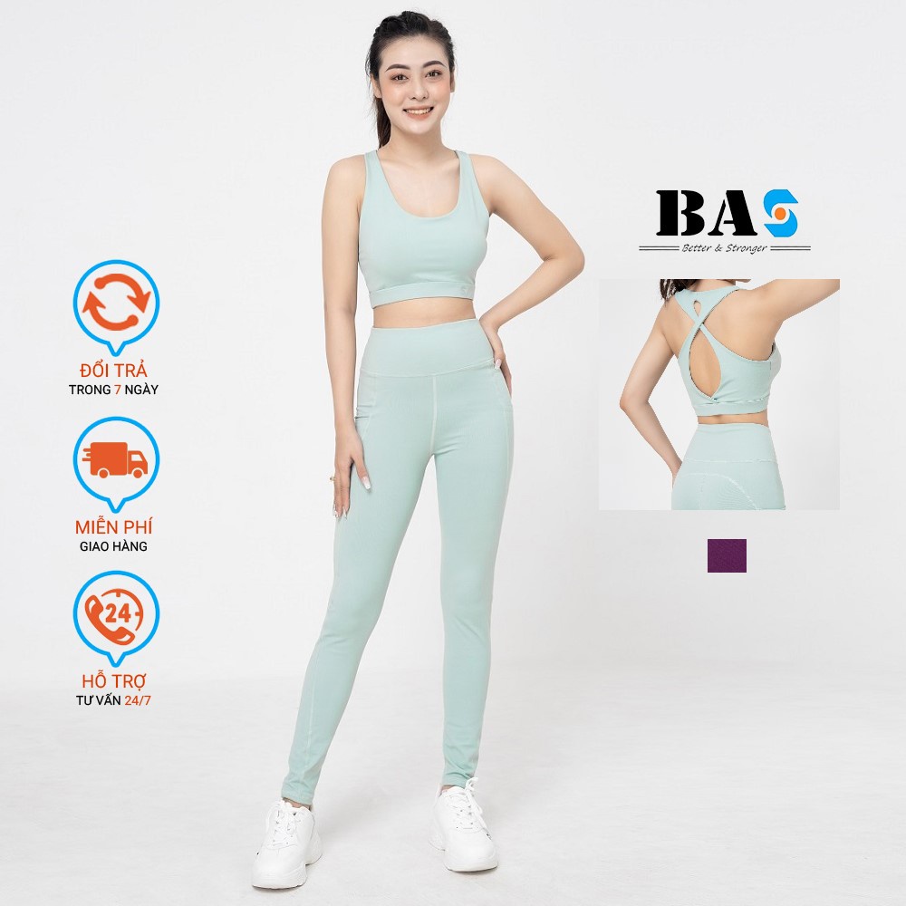 Bộ đồ tập yoga gym aerobic nữ chuyên nghiệp BAS áo bra 2 lớp phối legging nâng mông tôn dáng