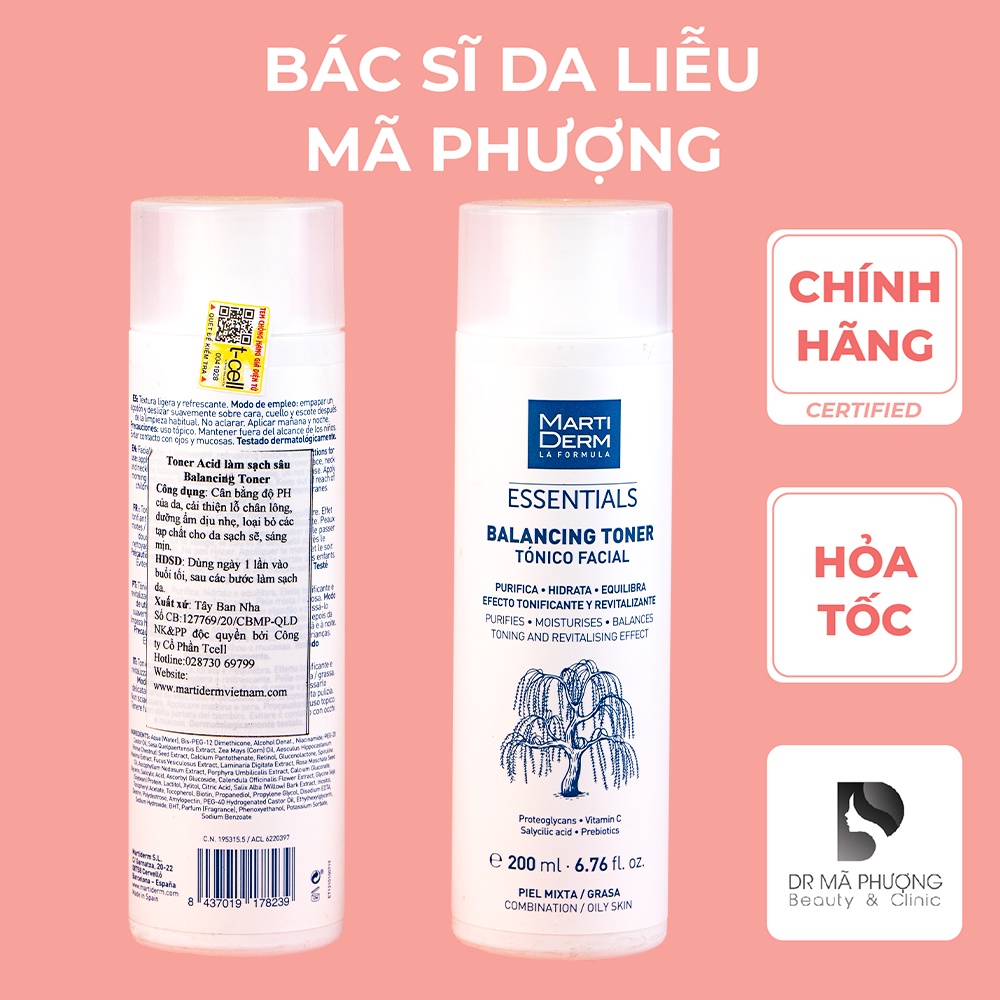 [CHÍNH HÃNG] Nước Cân Bằng Làm Sạch Chứa BHA &amp; Prebiotics MartiDerm Essentials Balancing Toner 200ml