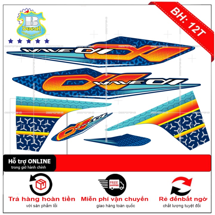 ( Quí khách vui lòng mang ra tiệm cho thợ dán ) Tem wave a110 xanh vàng