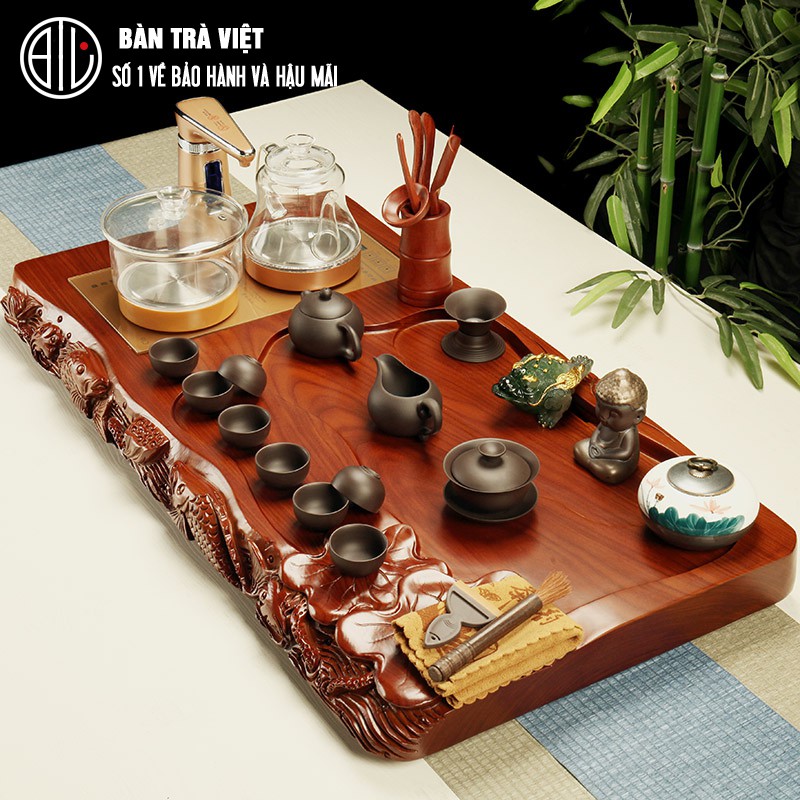 【Sẵn hàng】Bàn trà điện nguyên khối đục tay cá chép, đài sen đầy đủ bàn, bếp - Gỗ hương nguyên tấm - sản xuất tại Đồng Kỵ