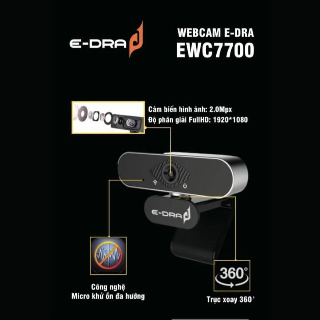 Webcam máy tính E-dra EWC7700 FullHD 1080p/ 30fps - camera PC 1080p có micro học online livestream Ewc77000 - Chính hãng