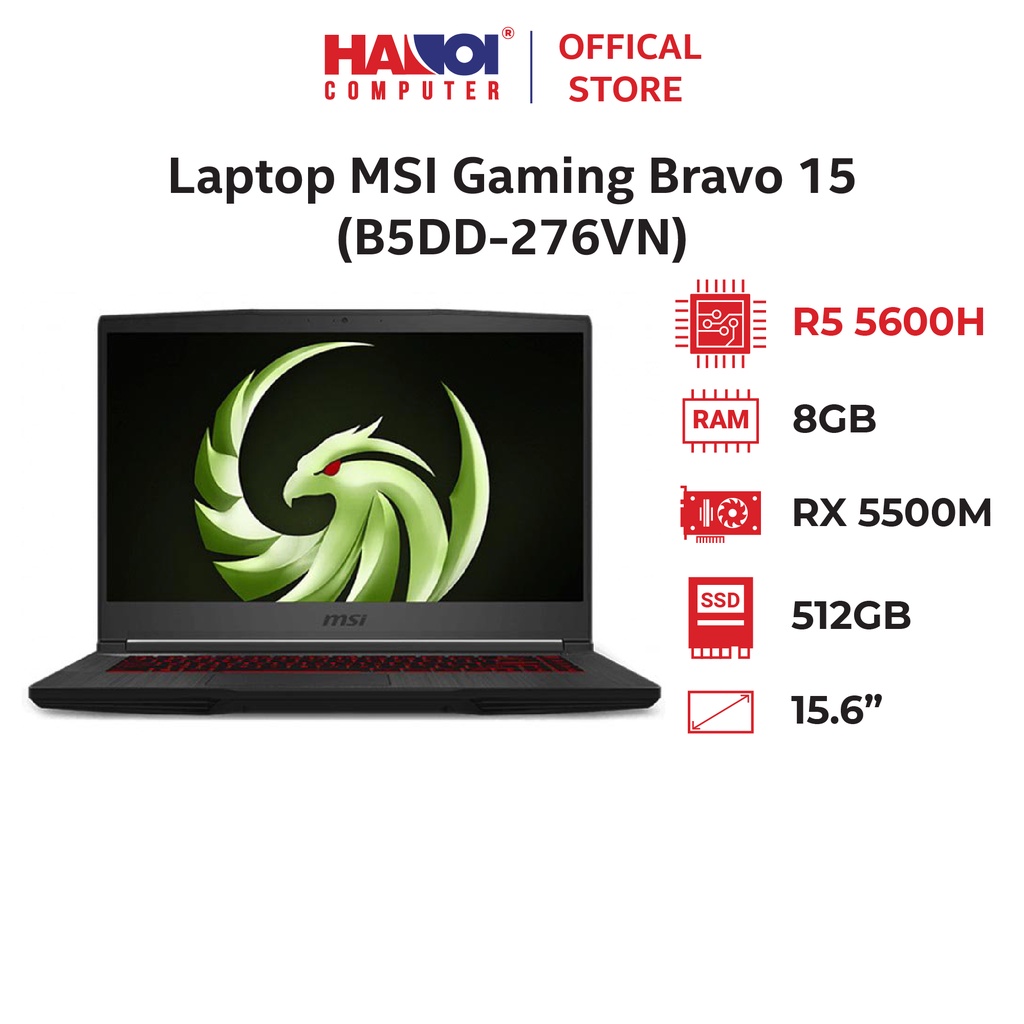 Laptop MSI Gaming Bravo 15 (B5DD-276VN) (R5-5600H/8GB RAM/512GBSSD/RX5500M 4GB/15.6 inch FHD/Win 11/Đen)