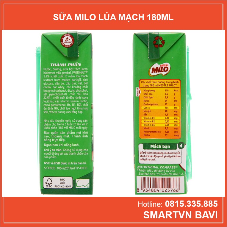 Phiên bản lốc 12 - Sữa Nestlé Milo Lúa Mạch 180ml (8 Milo + 4 Tiệt trùng Neslte)