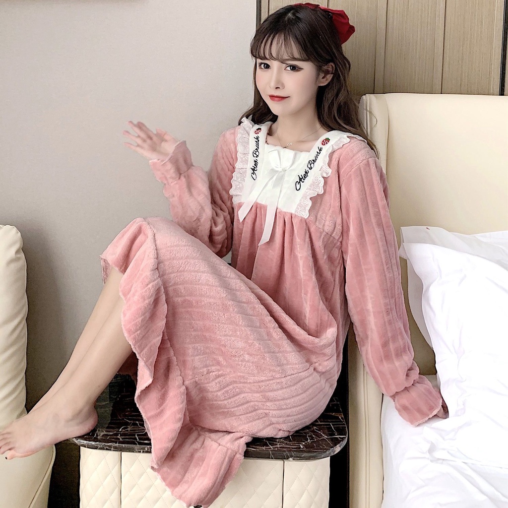 Đầm Ngủ Tay Dài Chất Liệu Nỉ Dày Dặn Ấm Áp Thời Trang Mùa Đông Cho Nữ