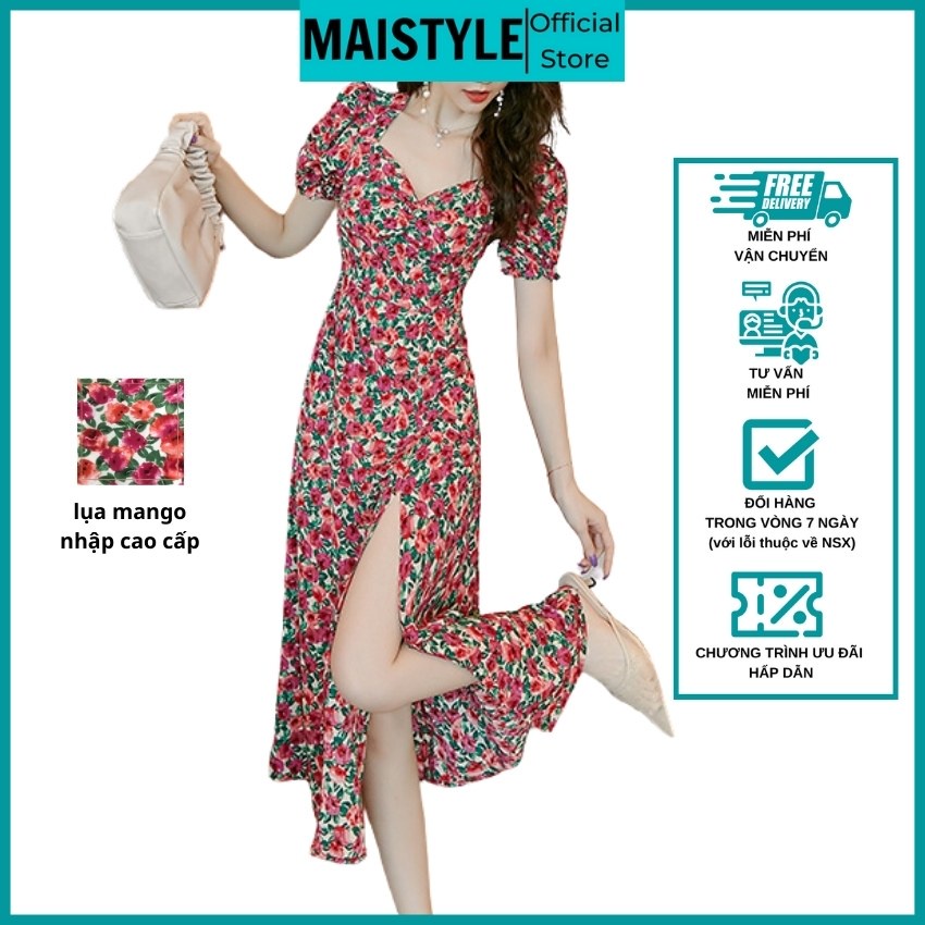 Váy hoa nhí MAISTYLE Đầm hoa nhí vintage dáng dài qua gối tay phồng xẻ tà Đầm voan hoa nhí đẹp thiết kế MY1105 | BigBuy360 - bigbuy360.vn