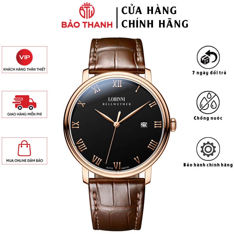 Đồng Hồ Nam LOBINNI No.12033-5 Chính Hãng BH 24T Chịu Nước 50m Kính Chống Xước Dây Da Cao Cấp (Máy Cơ Tự Động)