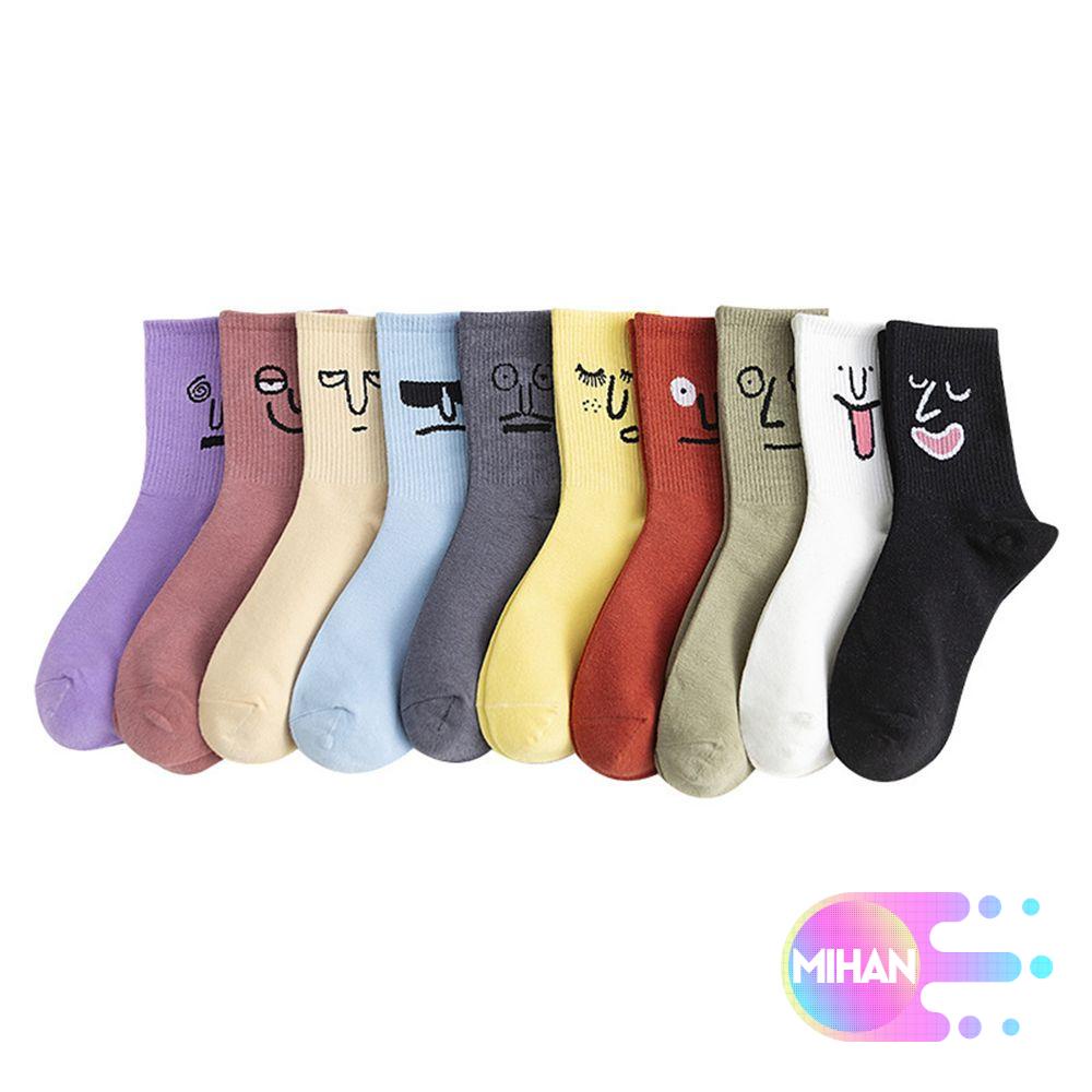 Vớ cotton cổ cao màu trắng/đen in họa tiết biểu cảm vui nhộn thoáng khí cho nữ