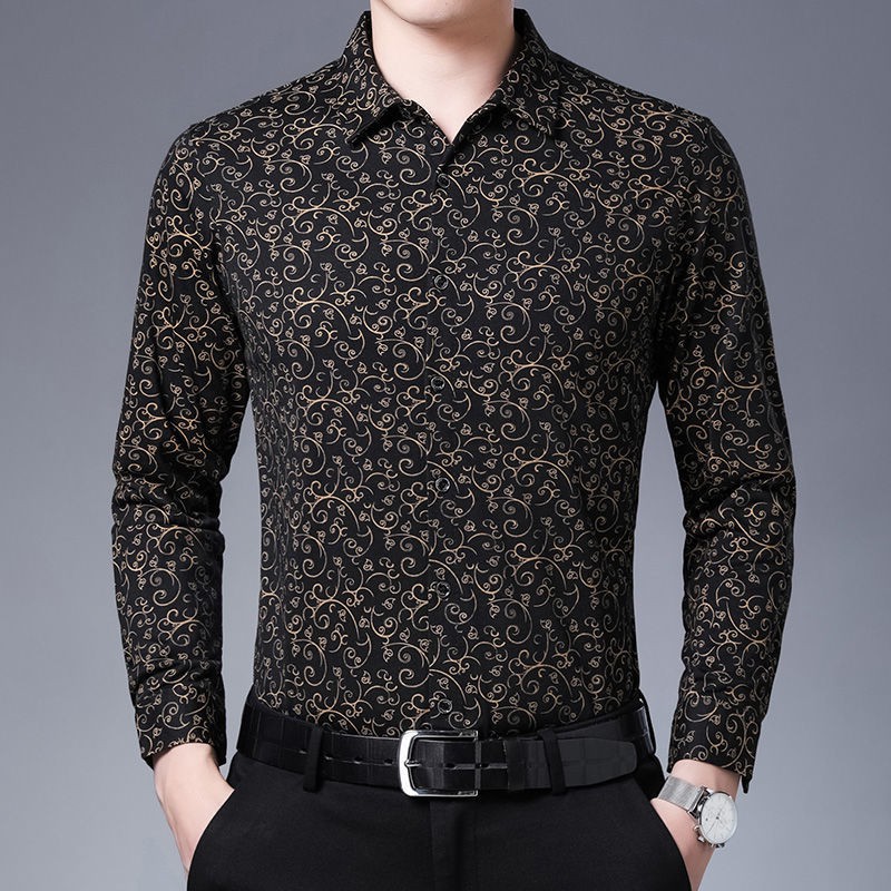 【Non-iron shirt】Men Formal Button Smart Casual Plus Size Long Sleeve Slim Fit New men's long sleeve floral shirt thin middle-aged and elderly business loose large no iron printed shirt fashionable men's floral