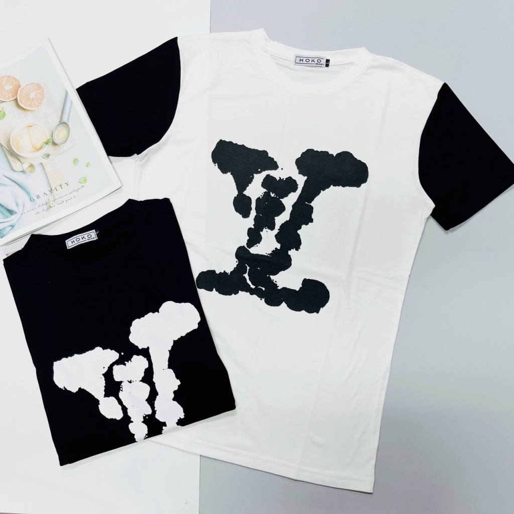 ÁO THUN NAM PHỐI HAI MÀU HẠO TIẾT CHỮ LOANG MÀU PHONG CÁCH HÀN