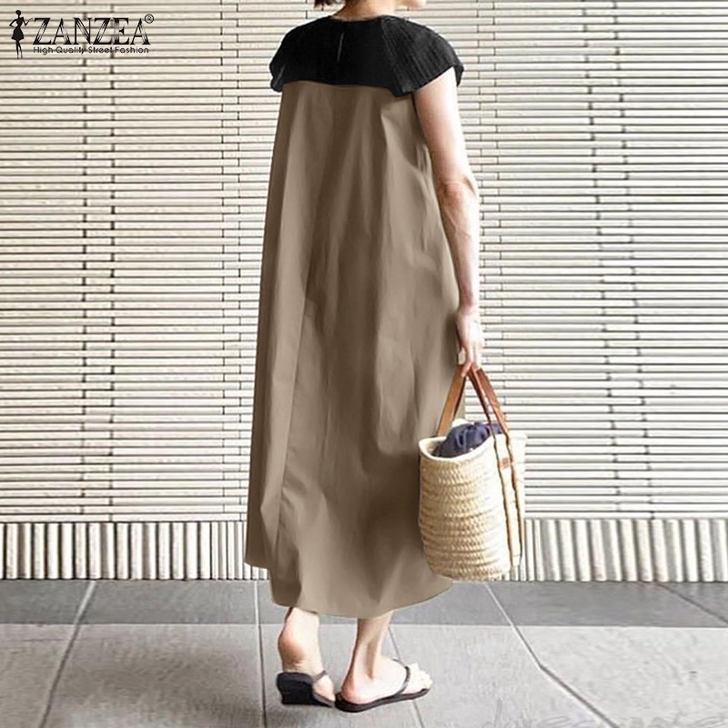 Đầm dài ZANZEA tay ngắn xếp ly màu tương phản phong cách Hàn Quốc thời trang cho nữ