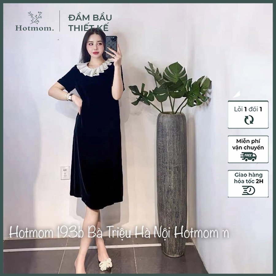(HÀNG CHÍNH HÃNG) Váy nhung đen phối cổ voan cao cấp, váy bầu đầm bầu thời trang công sở thiết kế đẹp Hotmom