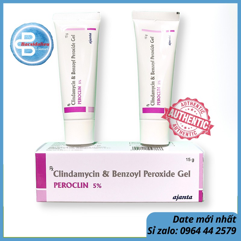 Peroclin gel 5% (15g) kem chấm mụn, 5 % Benzoyl peroxide và clin.damycn, giảm sạch mụn