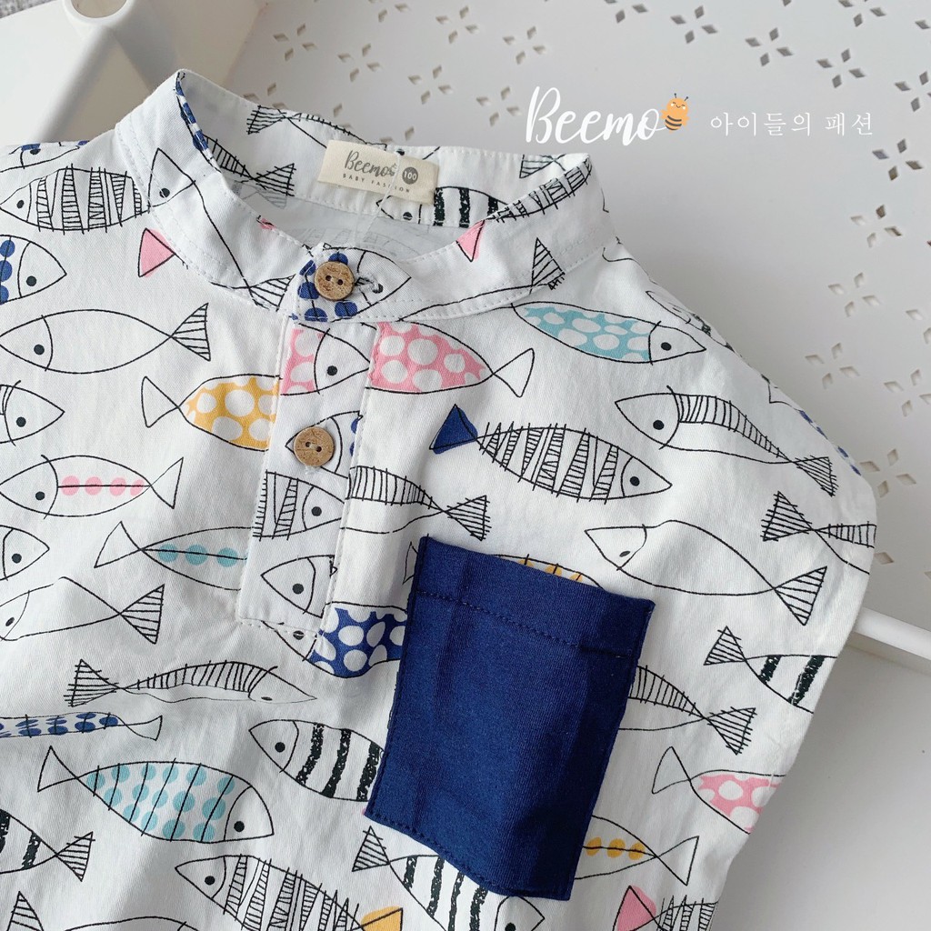 Set bộ cho bé Beemo -  chất liệu cotton mềm mịn, thiết kế dáng sơ mi cổ trụ cúc dừa 3 lỗ cùng hoạ tiết con cá B071