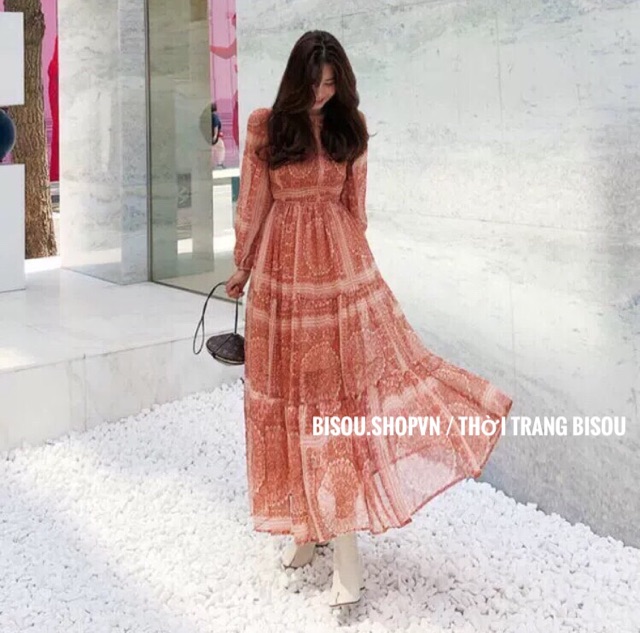 ĐẦM VÁY MAXI HOẠ TIẾT THỔ CẨM BOHO DÁNG DÀI XOÈ TAY PHỒNG CAM