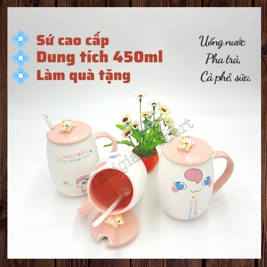 Cốc, ly sứ uống nước pha trà, cafe có nắp tặng kèm thìa họa tiết kỳ lân cute đáng yêu