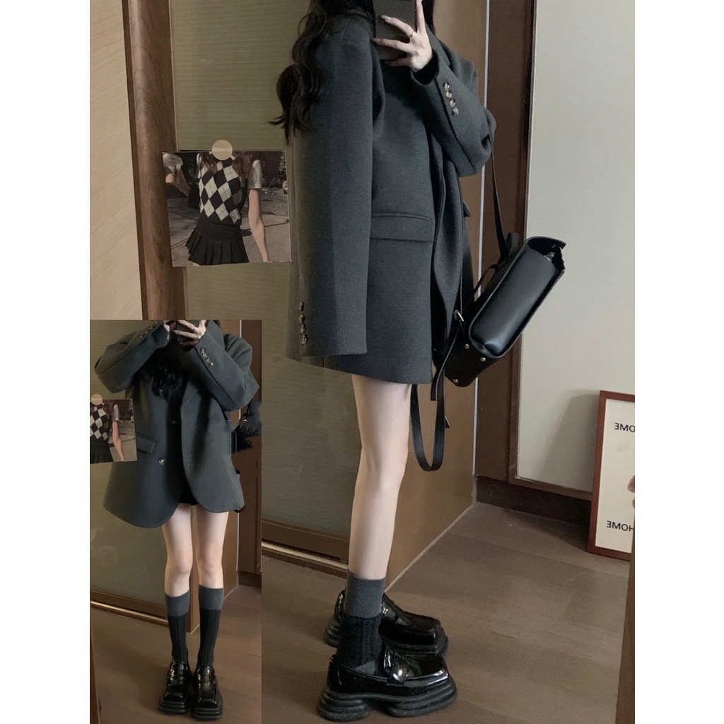【JMWOMEN】Áo Khoác Vest Dáng Dài Màu Xám Phong Cách Hàn Quốc Thời Trang Thu Đông Cho Nữ