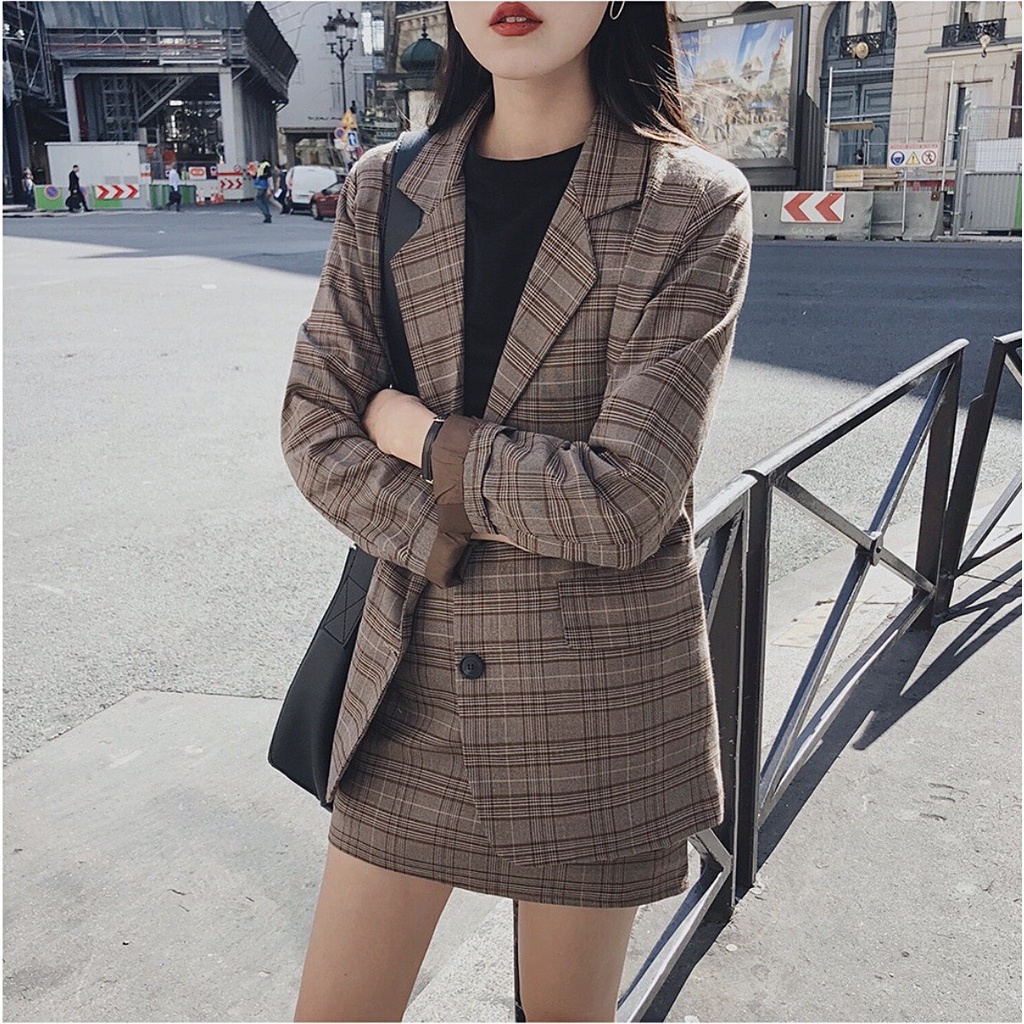 [Ảnh thật] Áo blazer kẻ caro 2 lớp túi nắp phong cách Hàn Quốc - Áo vest caro dáng rộng ulzzang