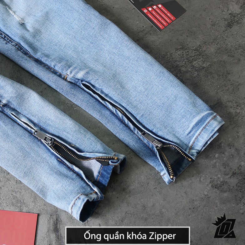 Quần jean nam Streetwear DATINO xanh rách gối form Skinny co giãn ống khóa Zipper, bền màu