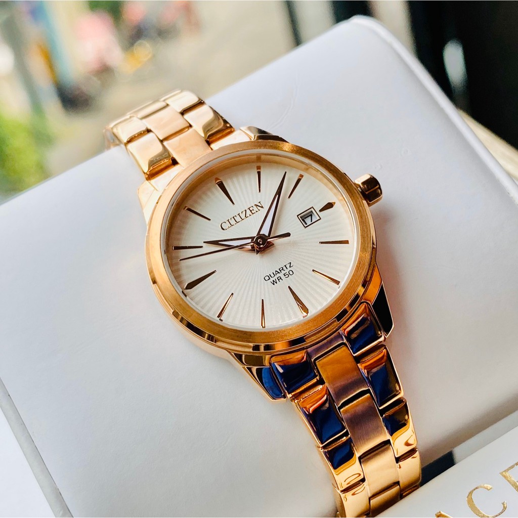 Đồng hồ Nữ chính hãng Citizen EU6073-53A Vàng hồng,Mặt trắng,Lịch ngày-Máy Pin Quartz-Dây kim loại cao cấp-Size 28mm