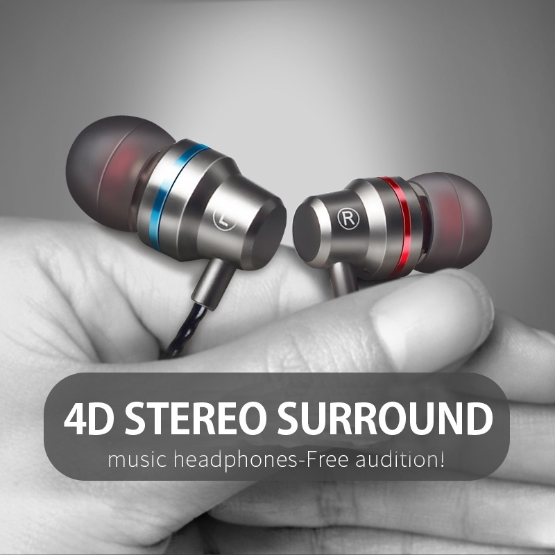 Earphone Bass Fashion 3.5mm Metal 4D Stereo Surround Ear Buds Noise Reduction Earpiece with Mic