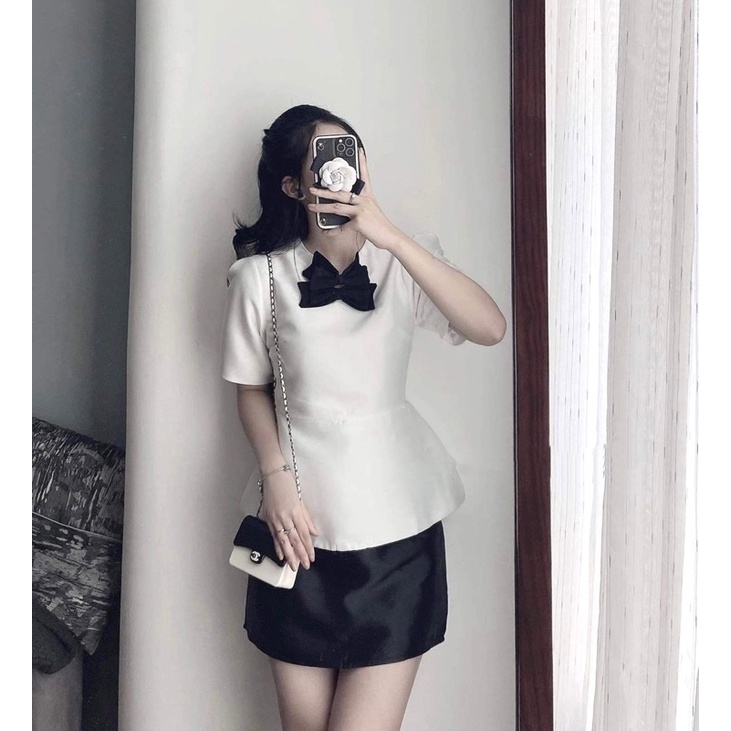 Áo peplum phối nơ nhung cao cấp kèm quần chân váy