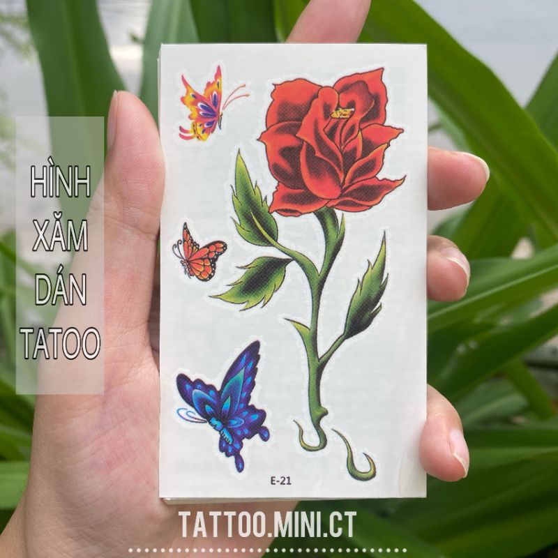Hình xăm tatoo hoa hồng đỏ e21. Xăm dán tatoo mini tạm thời, size &lt;10x6cm