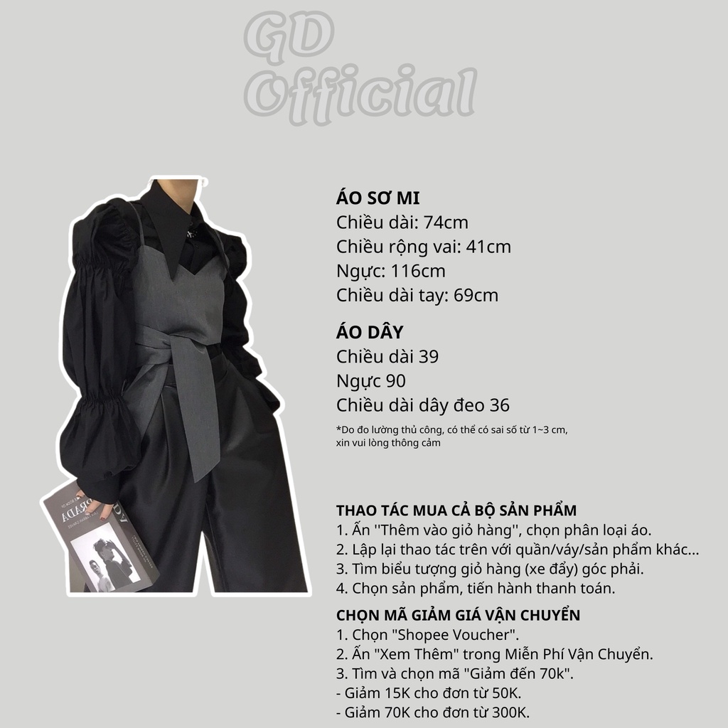 A81|Áo sơ mi nữ cotton công sở dài tay phồng suông rộng, croptop yếm hai dây thắt lưng cách địu xám, đen GD Official