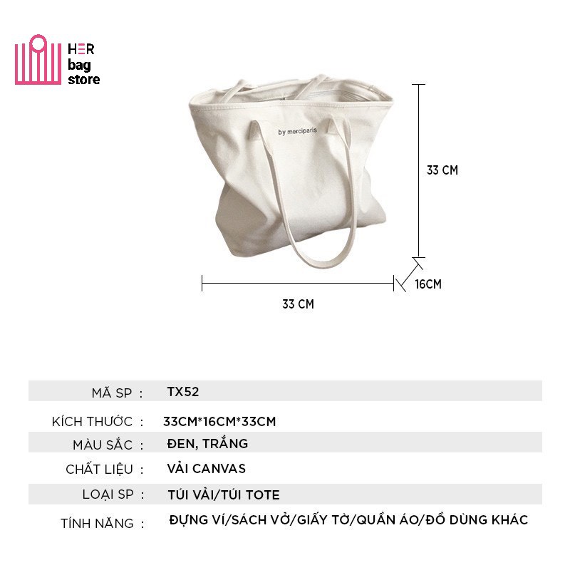 Túi tote túi canvas CỠ LỚN nữ unisex có khóa kéo in chữ Merciparis mềm đẹp giá rẻ phong cách Hàn Quốc