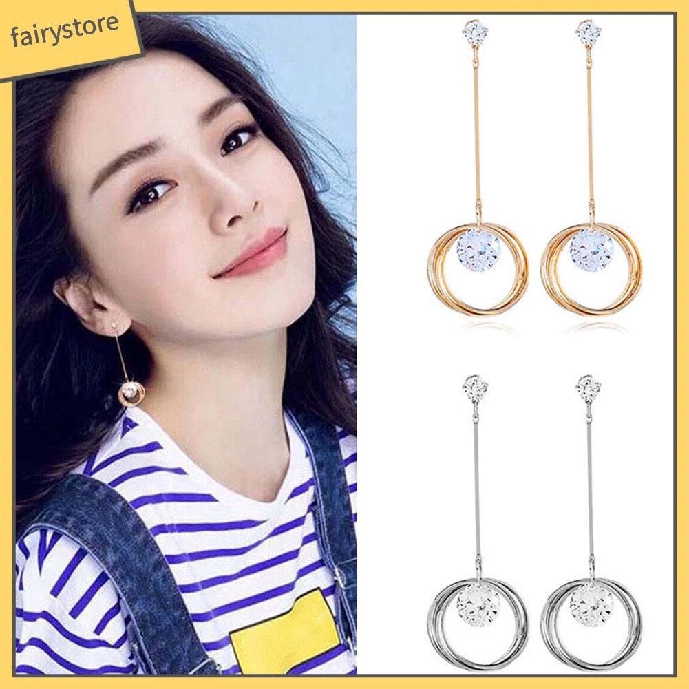 Hoa tai dáng dài hình tròn đính đá zircon cho nữ