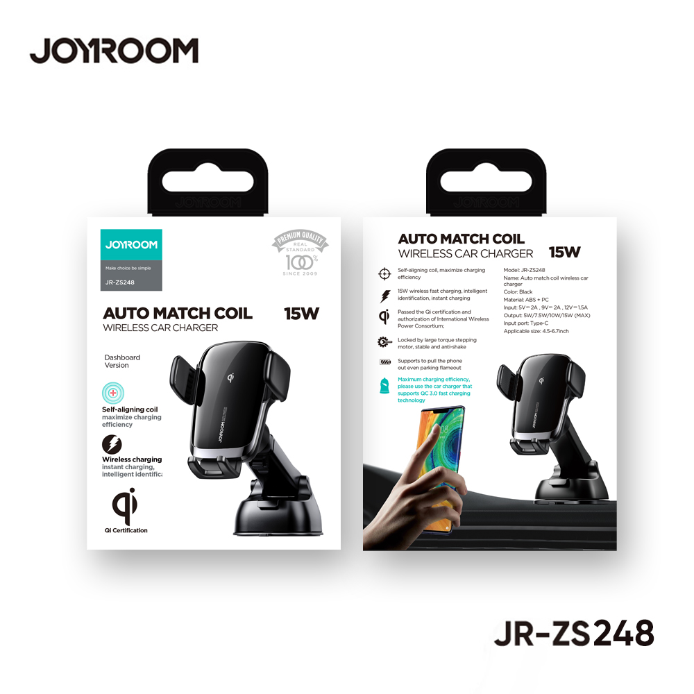 Joyroom Bộ sạc không dây trên ô tô 15W Giá đỡ điện thoại Bảng điều khiển cho Iphone 12 Pro Max Kẹp tự động QI Smart Quick Charge cho Samsung / Xiaomi / Huawei