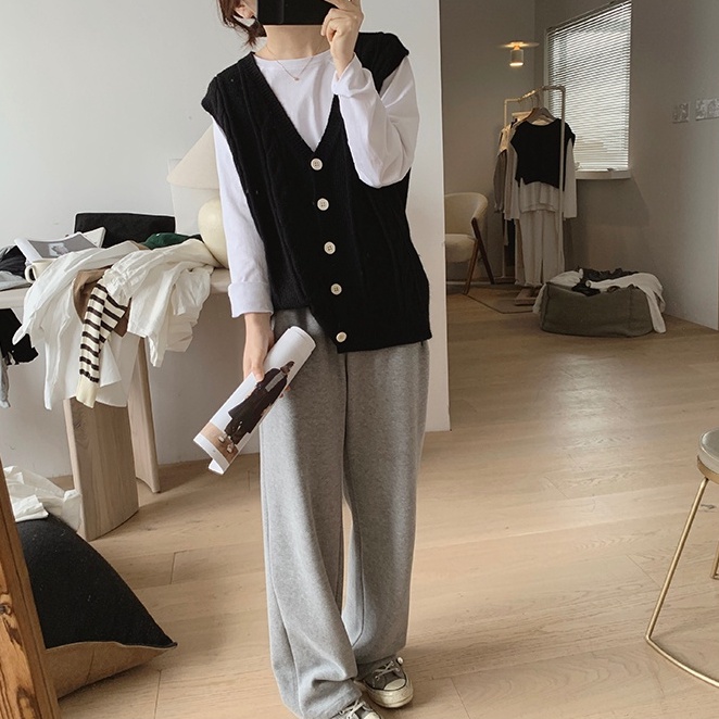Áo Khoác Cardigan Không Tay Cổ Chữ V Form Rộng Phong Cách Preppy