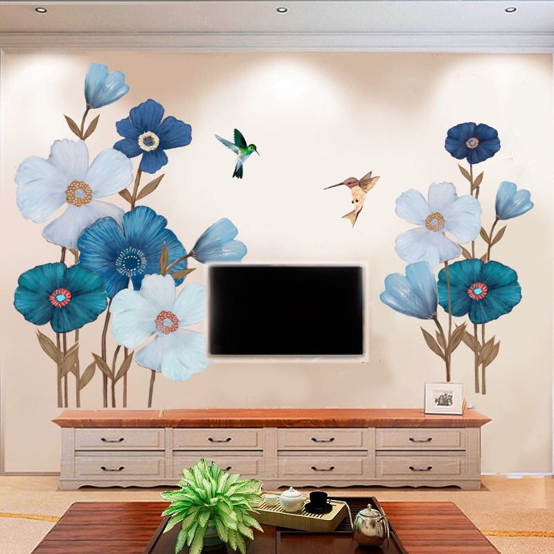 Decal dán tường mẫu hoa xanh trắng trang trí phòng ngủ