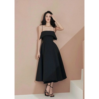 ĐẦM MIDI ĐEN 2 DÂY XẾP LI XOÈ CÚP NGỰC