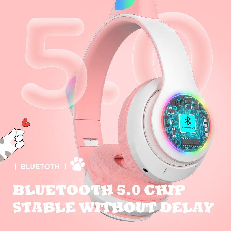 Tai Nghe Mèo Bluetooth Không Dây đèn Led Headphone Chụp Tai Gấp Gọn Có Micro đàm Thoại, Chơi Game,Khóa Học Trực Tuyến