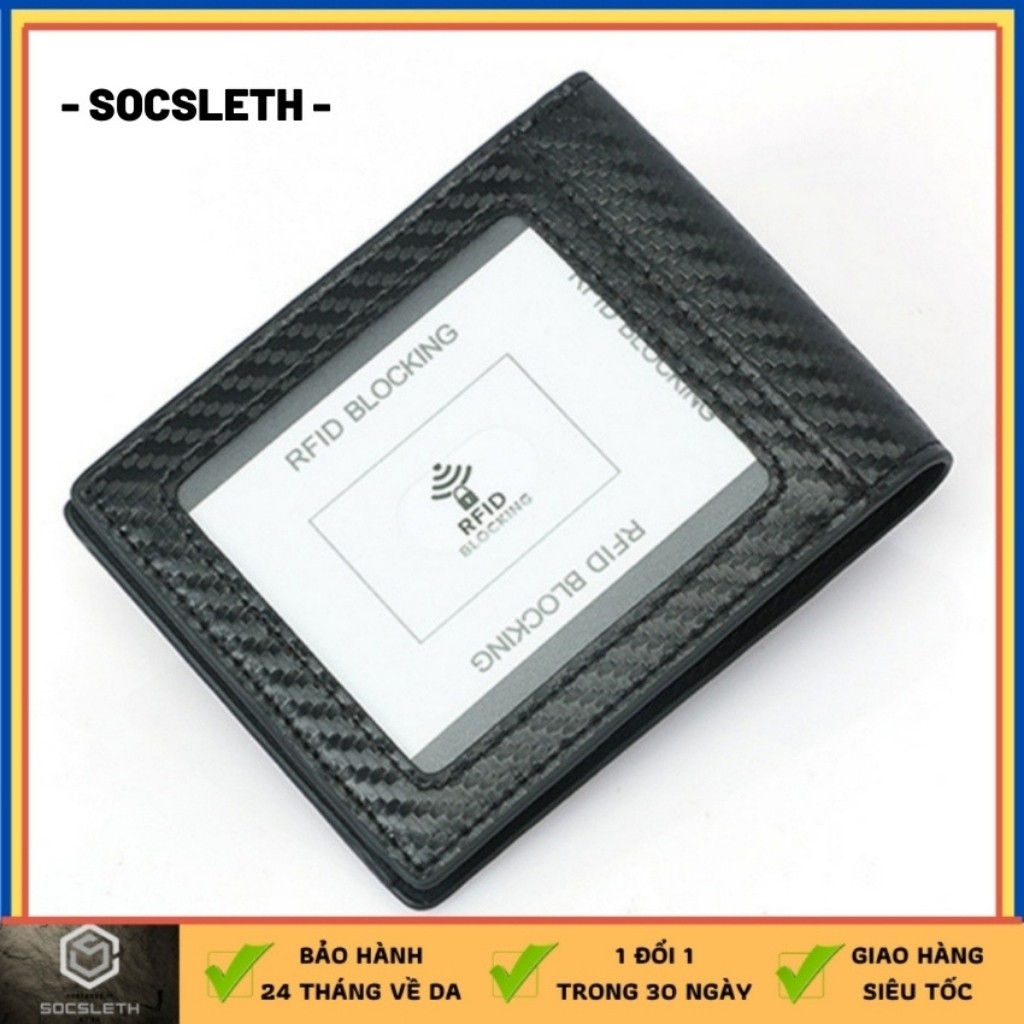 Bóp ví ngang nam có ngăn ngoài đựng thẻ, chất liệu sợi carbon, tích hợp công nghệ mã hóa sóng RFID, Socsleth mã SVCN01