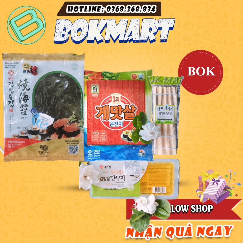 NGUYÊN LIỆU LÀM KIMBAP , RONG BIỂN CUỘN CƠM , CỦ CẢI VÀNG, THANH CUA, MÀNH TRE