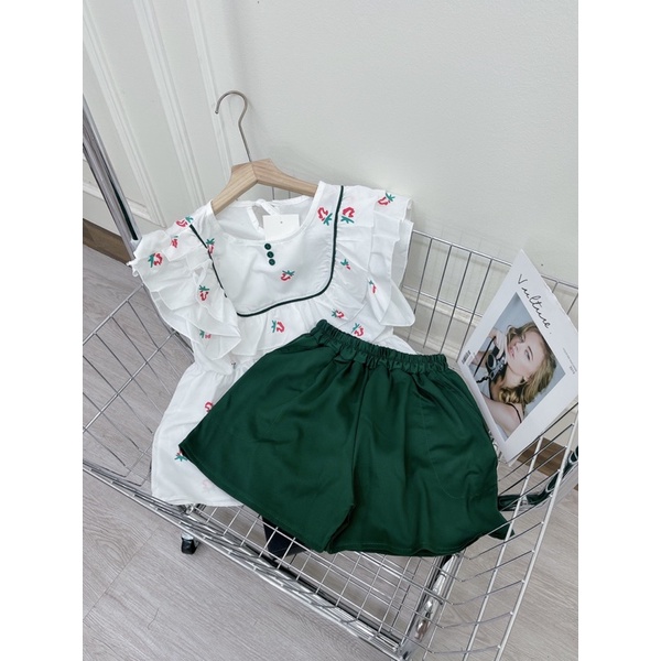 Set Áo Bèo Cánh Tiên Hoạ Tiết Hoa Chìm Phối Sooc Xanh