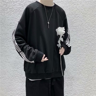 Áo sweater cổ tròn dáng rộng kẻ 3 sọc S-2XL cho nam
