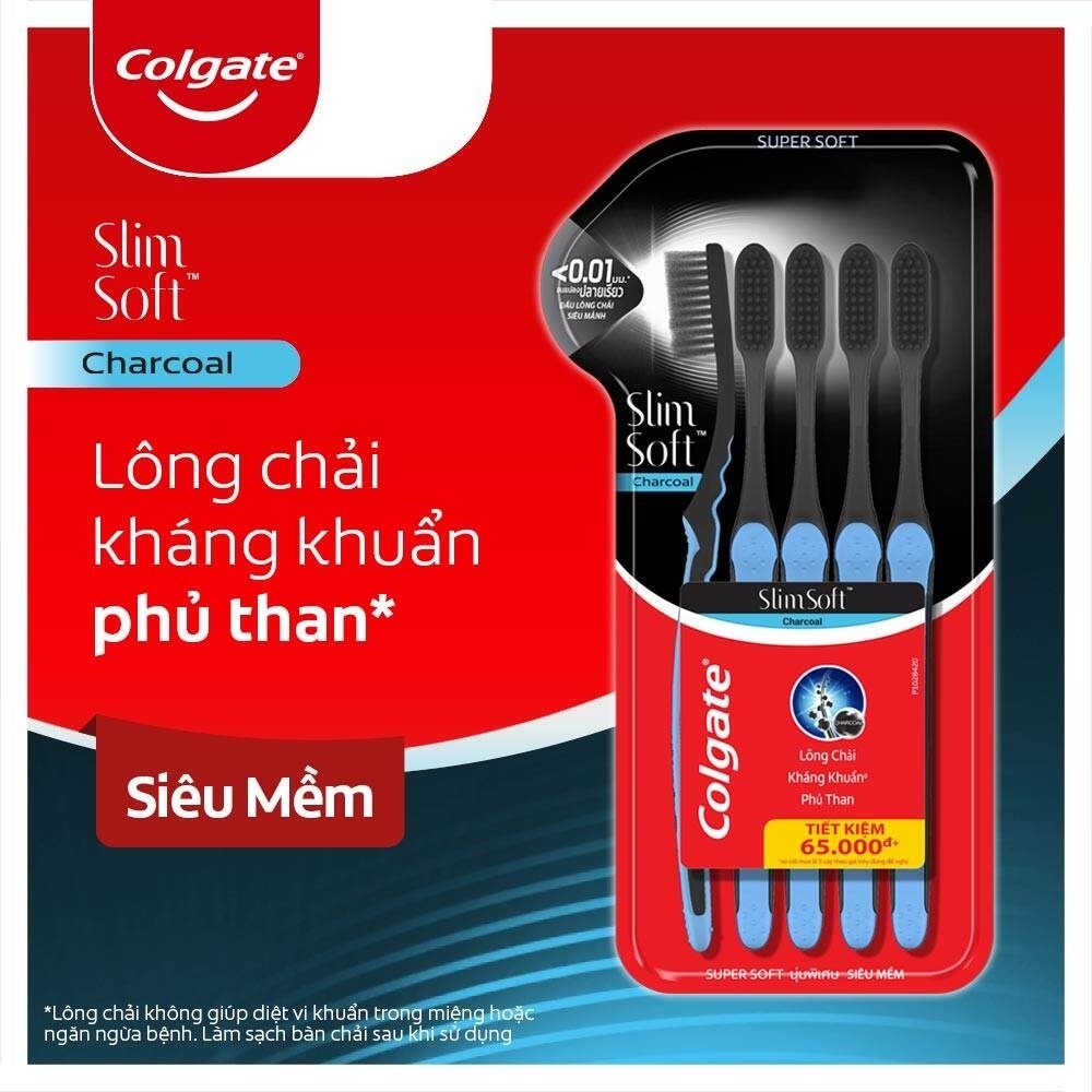 Combo 2 Bộ 5 Bàn chải đánh răng Colgate than hoạt tính kháng khuẩn SlimSoft Charcoal mềm mảnh