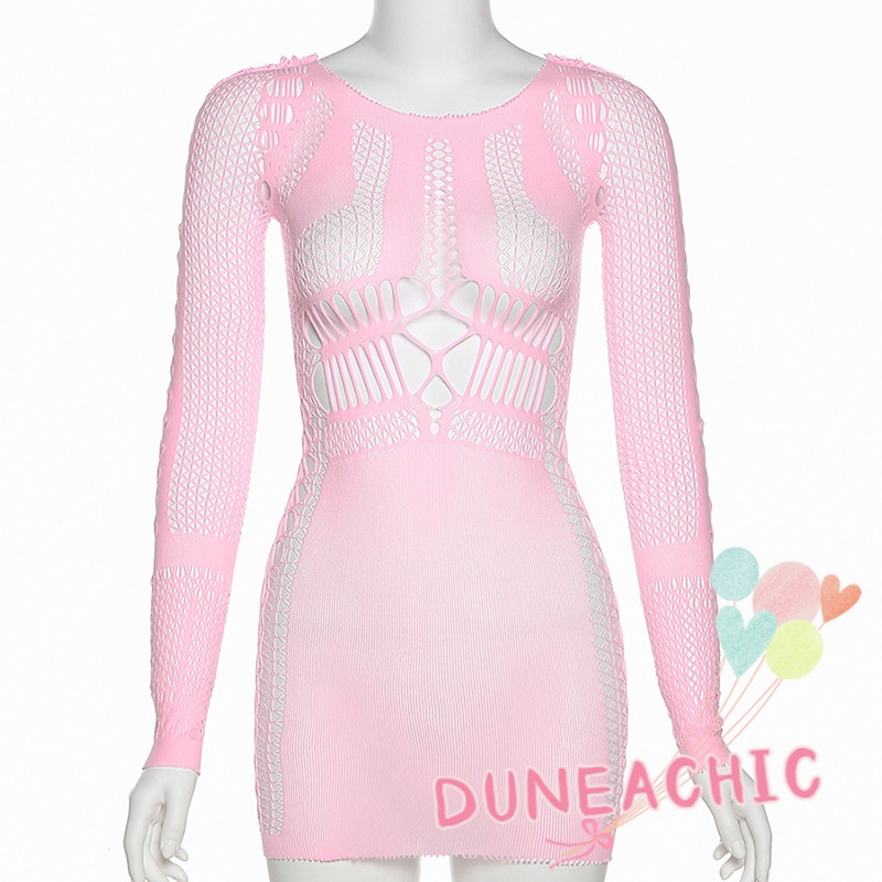 DUNEA Đầm Tay Dài Phối Lưới Thời Trang Quyến Rũ Cho Nữ